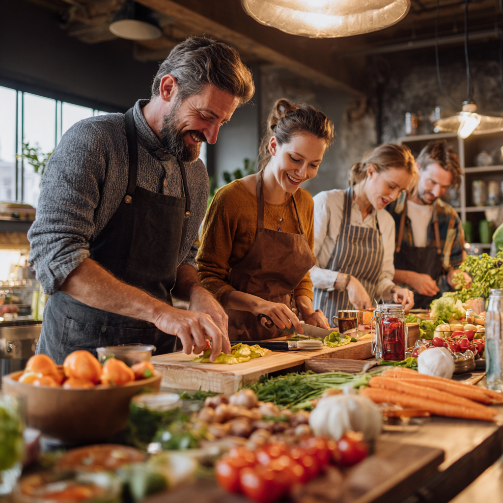 Happy middle-aged Ukrainian woman holding a plate of colorful nutritious food, smiling while standing in a modern kitchen