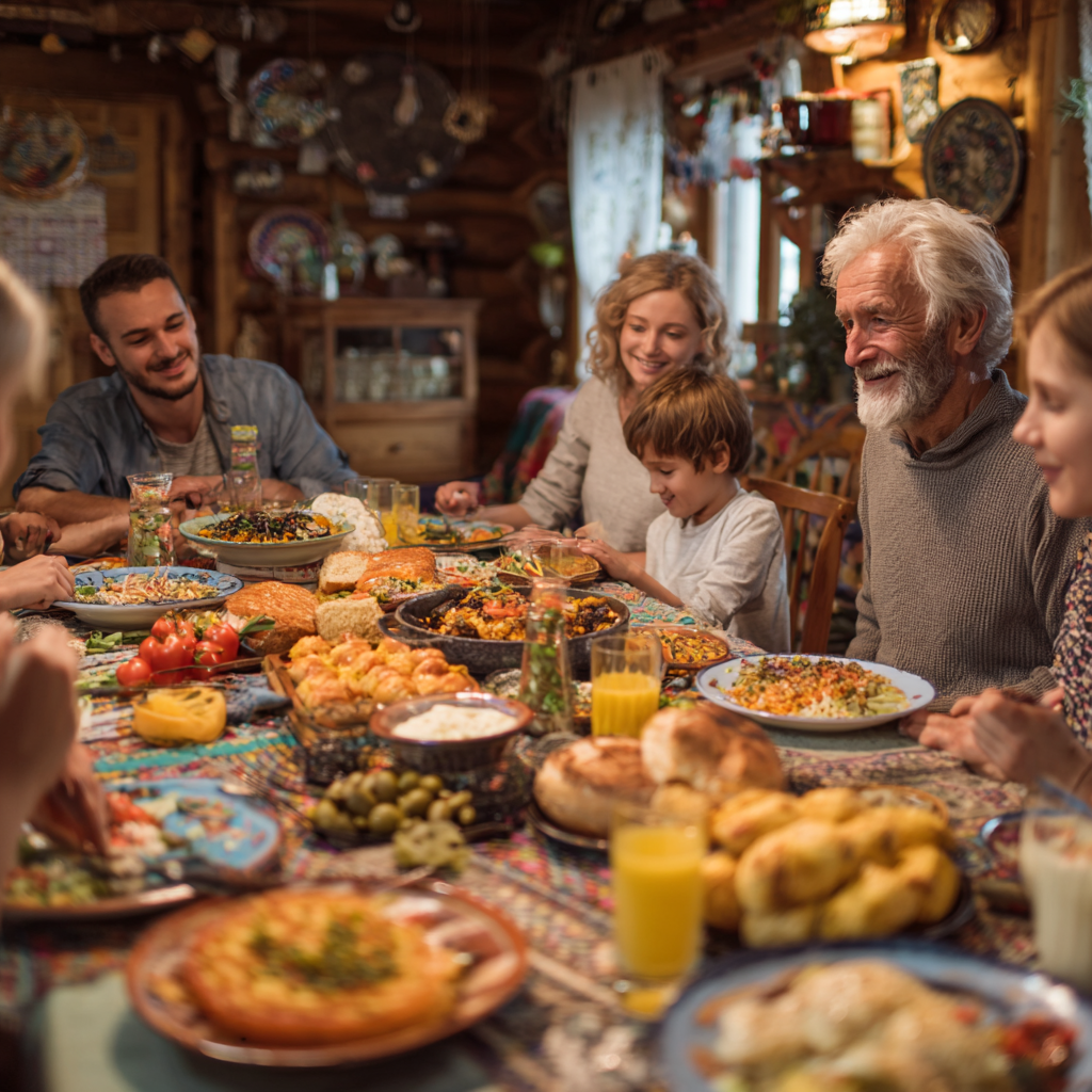 Elderly Ukrainian couple in their 60s drinking water and herbal tea together at kitchen table, both smiling and looking healthy